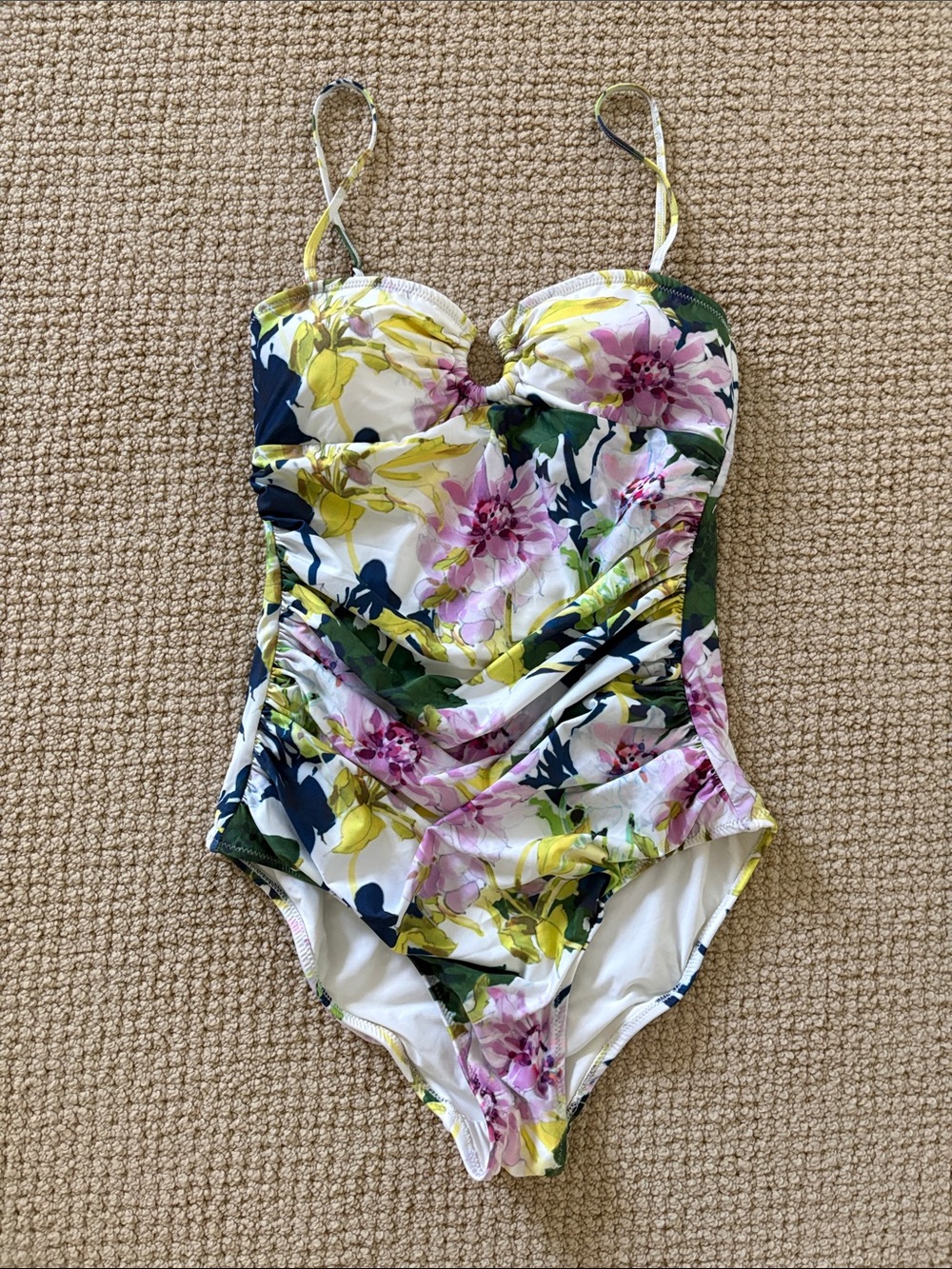 Anthropologie Women’s Ruched Floral One-Piece Swimsuit in White, Pink & Yellow